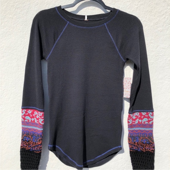 Free People In The Mix Patchwork Cuff Black Thermal Tee S Black Combo - Picture 15 of 16